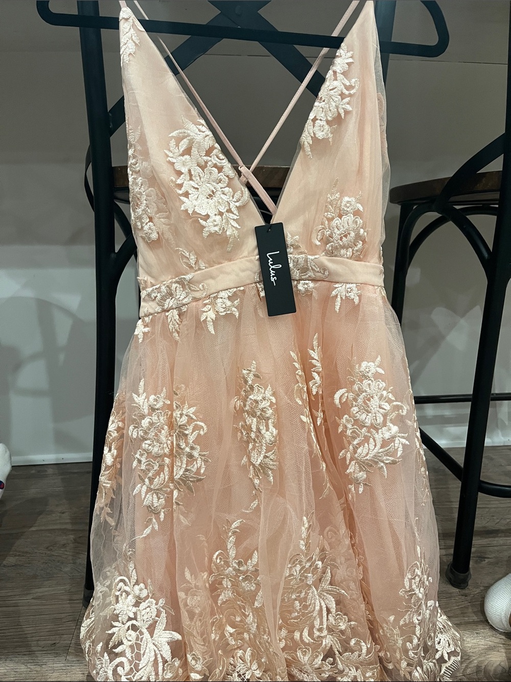 Lulu's Blush Pink Embroidered Tulle V-Neck Dress